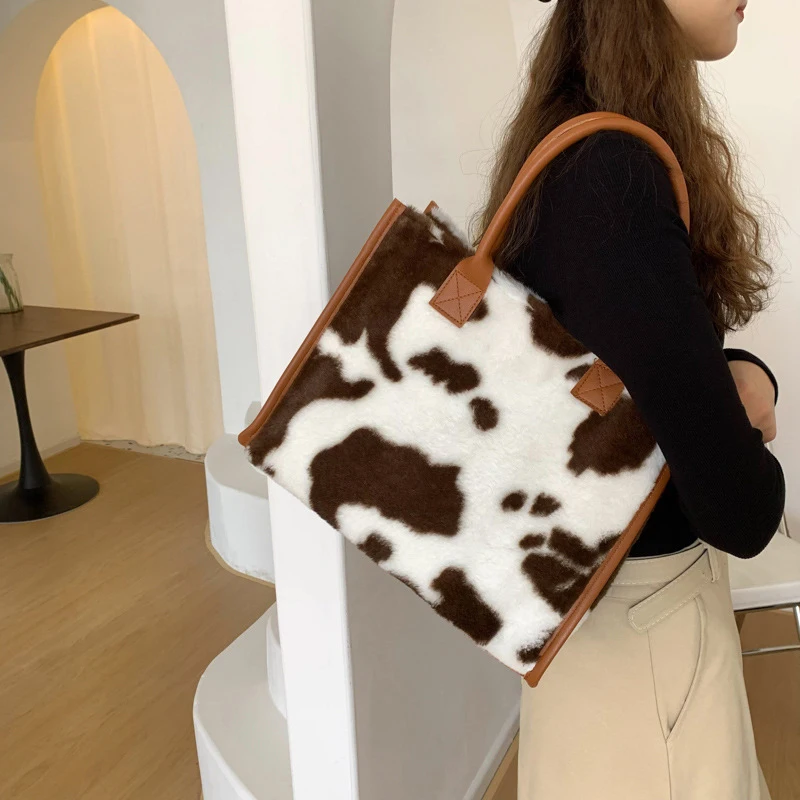 Women's Faux Fur Cow Print Designer Shopper Totes Soft Plush Female Shoulder Bags Winter Large Capacity Handbags and Purse