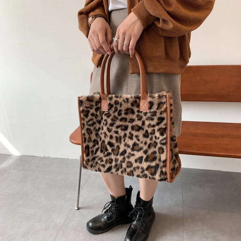 Women's Faux Fur Cow Print Designer Shopper Totes Soft Plush Female Shoulder Bags Winter Large Capacity Handbags and Purse