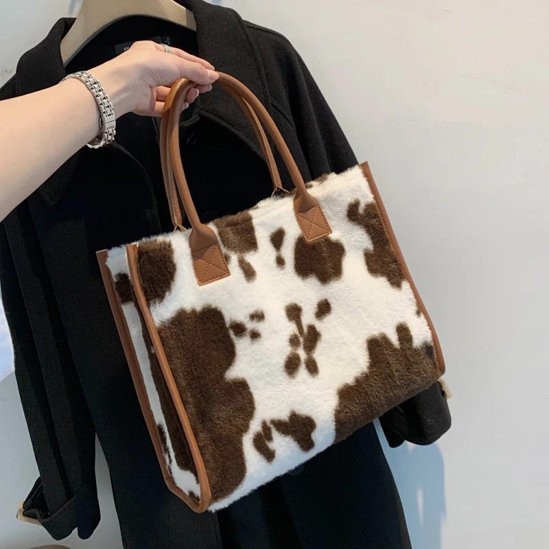Women's Faux Fur Cow Print Designer Shopper Totes Soft Plush Female Shoulder Bags Winter Large Capacity Handbags and Purse