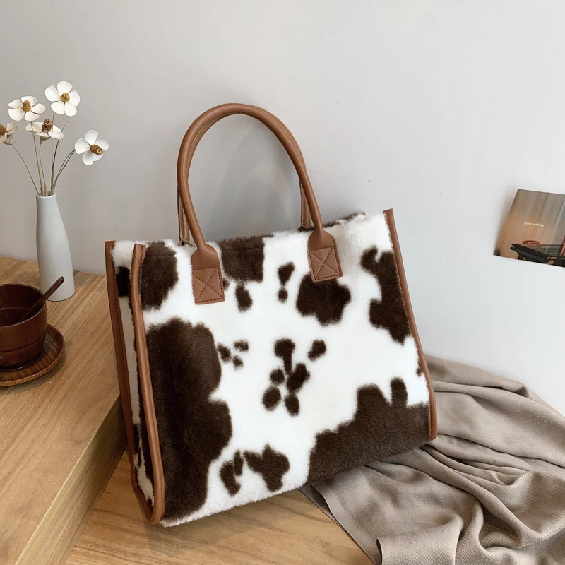 Women's Faux Fur Cow Print Designer Shopper Totes Soft Plush Female Shoulder Bags Winter Large Capacity Handbags and Purse