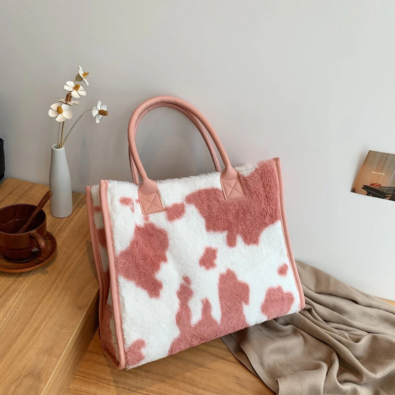 Women's Faux Fur Cow Print Designer Shopper Totes Soft Plush Female Shoulder Bags Winter Large Capacity Handbags and Purse