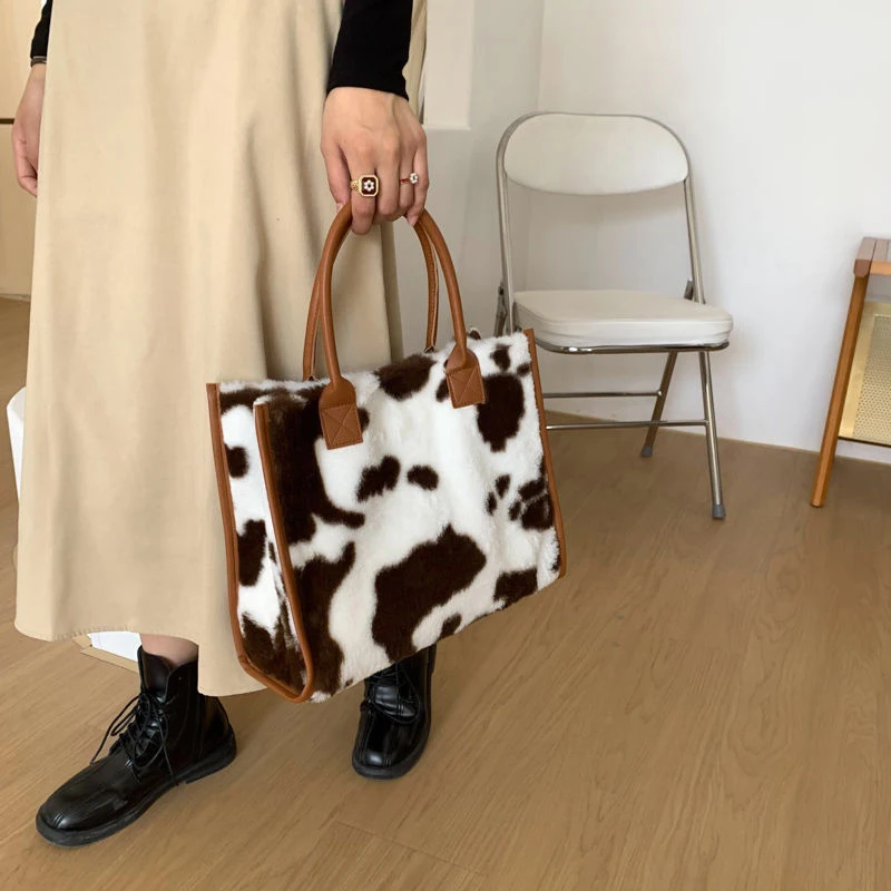 Women's Faux Fur Cow Print Designer Shopper Totes Soft Plush Female Shoulder Bags Winter Large Capacity Handbags and Purse