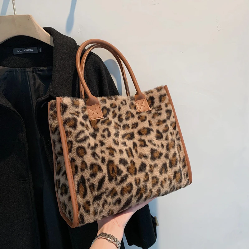 Women's Faux Fur Cow Print Designer Shopper Totes Soft Plush Female Shoulder Bags Winter Large Capacity Handbags and Purse