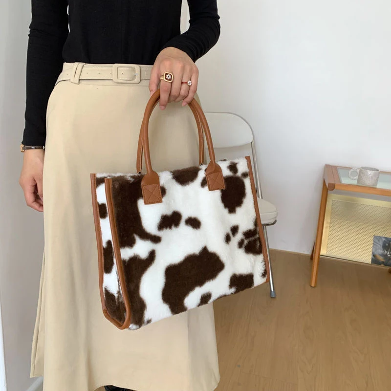 Women's Faux Fur Cow Print Designer Shopper Totes Soft Plush Female Shoulder Bags Winter Large Capacity Handbags and Purse
