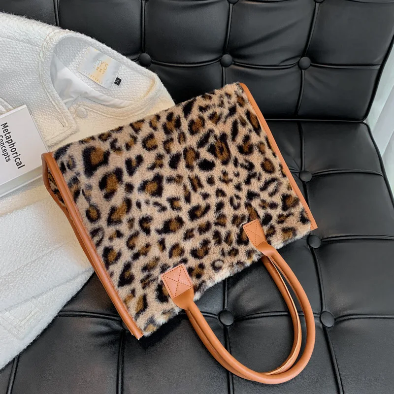 Women's Faux Fur Cow Print Designer Shopper Totes Soft Plush Female Shoulder Bags Winter Large Capacity Handbags and Purse