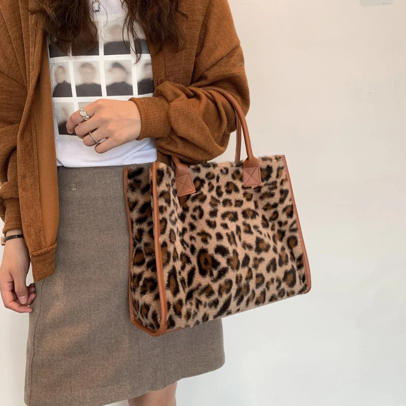 Women's Faux Fur Cow Print Designer Shopper Totes Soft Plush Female Shoulder Bags Winter Large Capacity Handbags and Purse