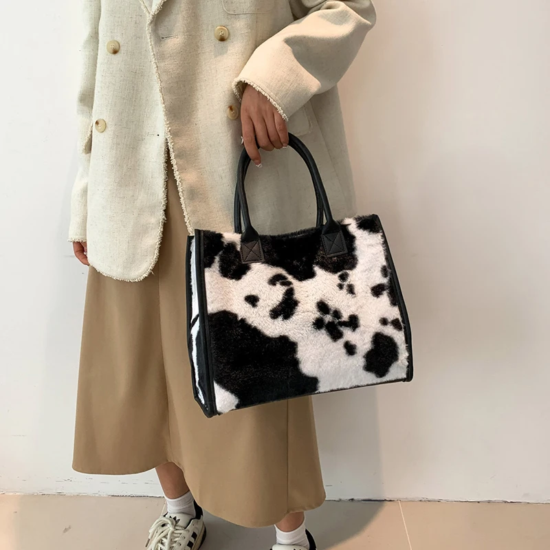 Women's Faux Fur Cow Print Designer Shopper Totes Soft Plush Female Shoulder Bags Winter Large Capacity Handbags and Purse