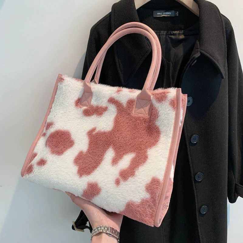 Women's Faux Fur Cow Print Designer Shopper Totes Soft Plush Female Shoulder Bags Winter Large Capacity Handbags and Purse