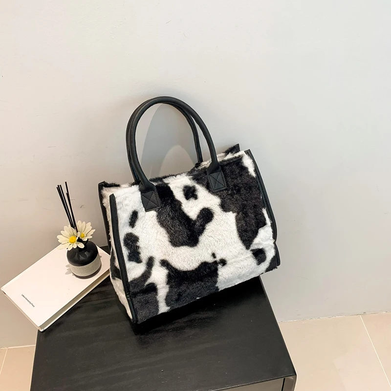 Women's Faux Fur Cow Print Designer Shopper Totes Soft Plush Female Shoulder Bags Winter Large Capacity Handbags and Purse