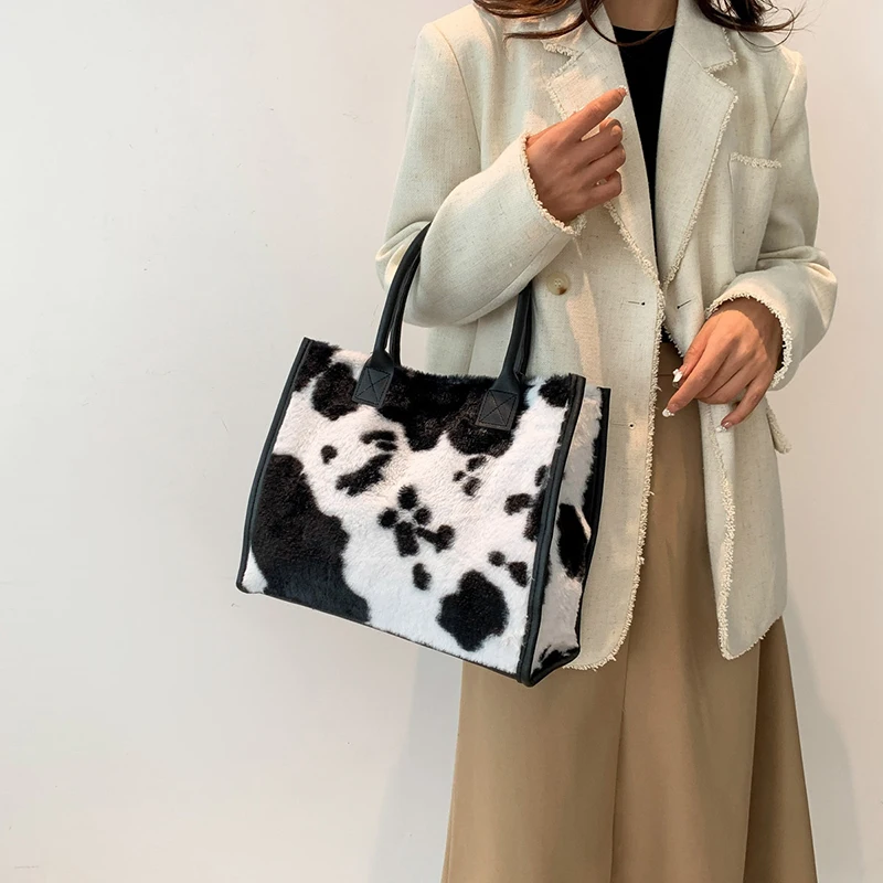 Women's Faux Fur Cow Print Designer Shopper Totes Soft Plush Female Shoulder Bags Winter Large Capacity Handbags and Purse
