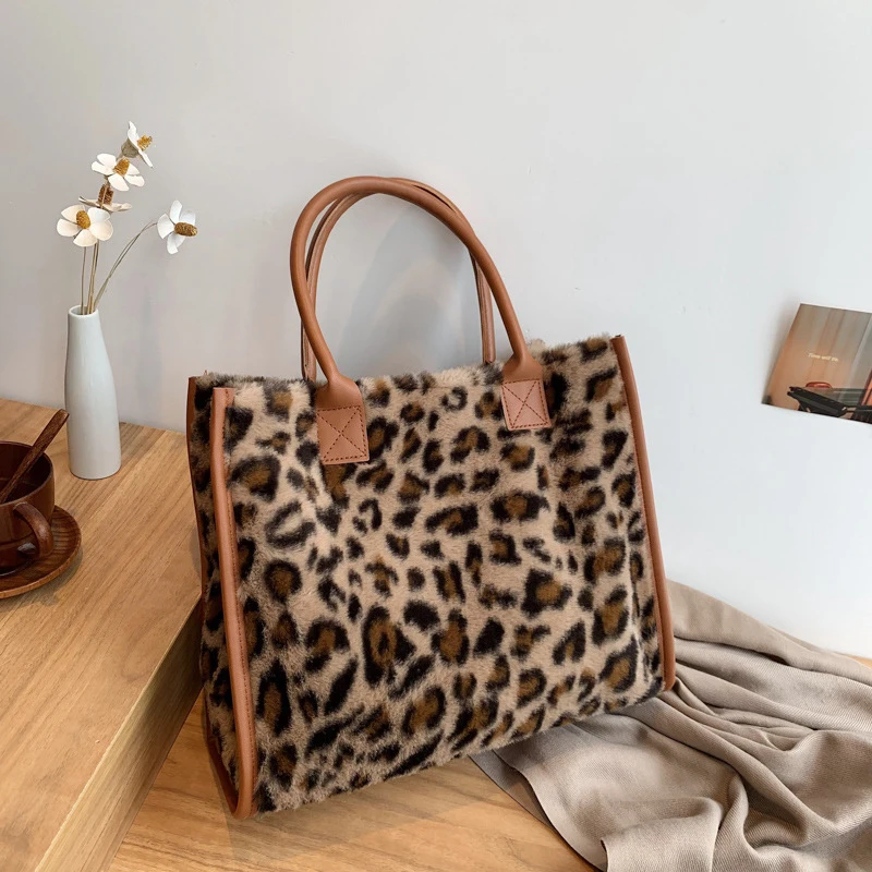 Women's Faux Fur Cow Print Designer Shopper Totes Soft Plush Female Shoulder Bags Winter Large Capacity Handbags and Purse