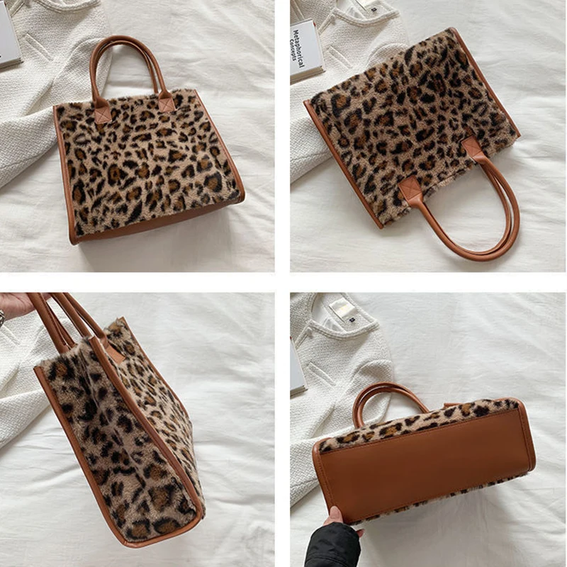 Women's Faux Fur Cow Print Designer Shopper Totes Soft Plush Female Shoulder Bags Winter Large Capacity Handbags and Purse