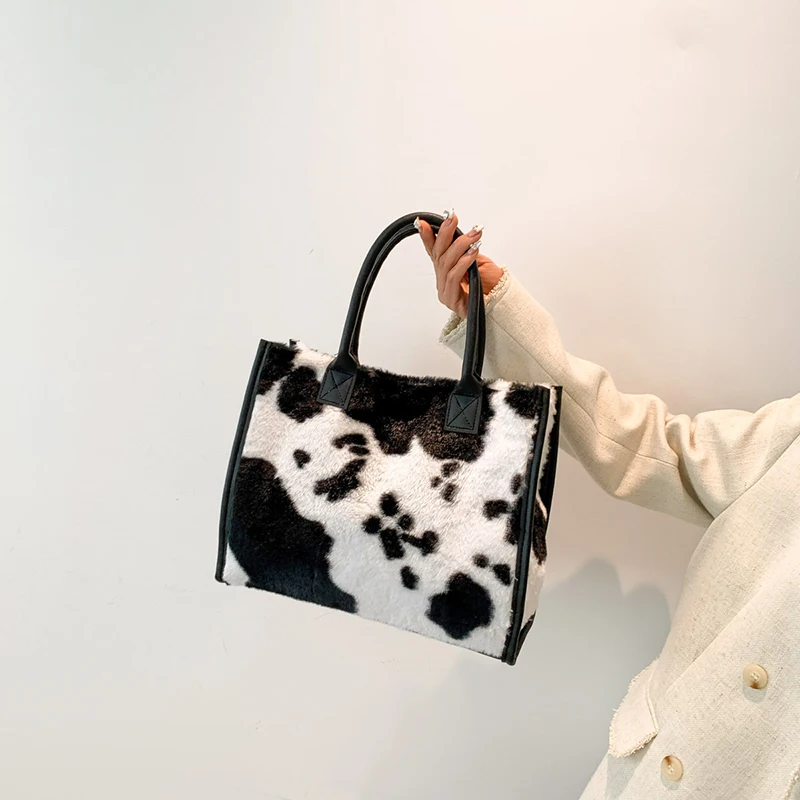 Women's Faux Fur Cow Print Designer Shopper Totes Soft Plush Female Shoulder Bags Winter Large Capacity Handbags and Purse