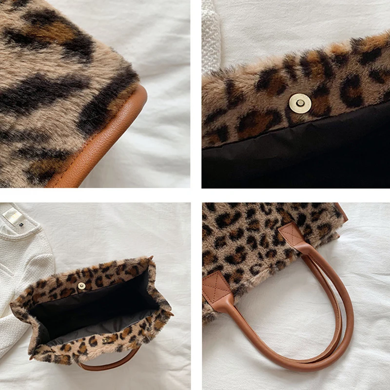Women's Faux Fur Cow Print Designer Shopper Totes Soft Plush Female Shoulder Bags Winter Large Capacity Handbags and Purse