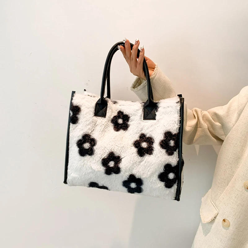 Women's Faux Fur Cow Print Designer Shopper Totes Soft Plush Female Shoulder Bags Winter Large Capacity Handbags and Purse