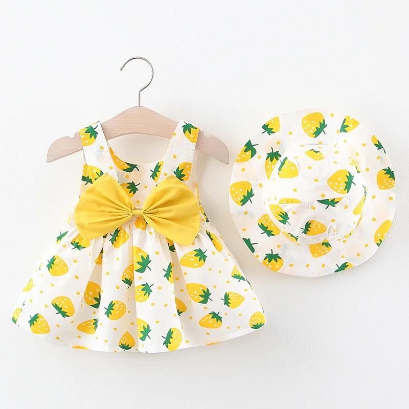 Baby Dress 2025 Summer New Girl's Sweet Bow Dress Children's Strawberry Print Small Fresh Casual Dress+Hat Children's Wear