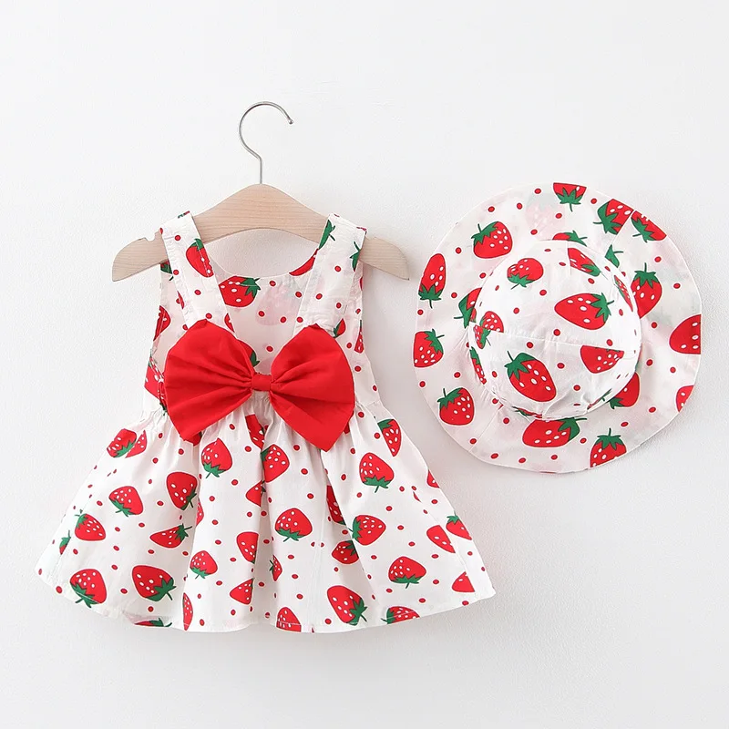 Baby Dress 2025 Summer New Girl's Sweet Bow Dress Children's Strawberry Print Small Fresh Casual Dress+Hat Children's Wear