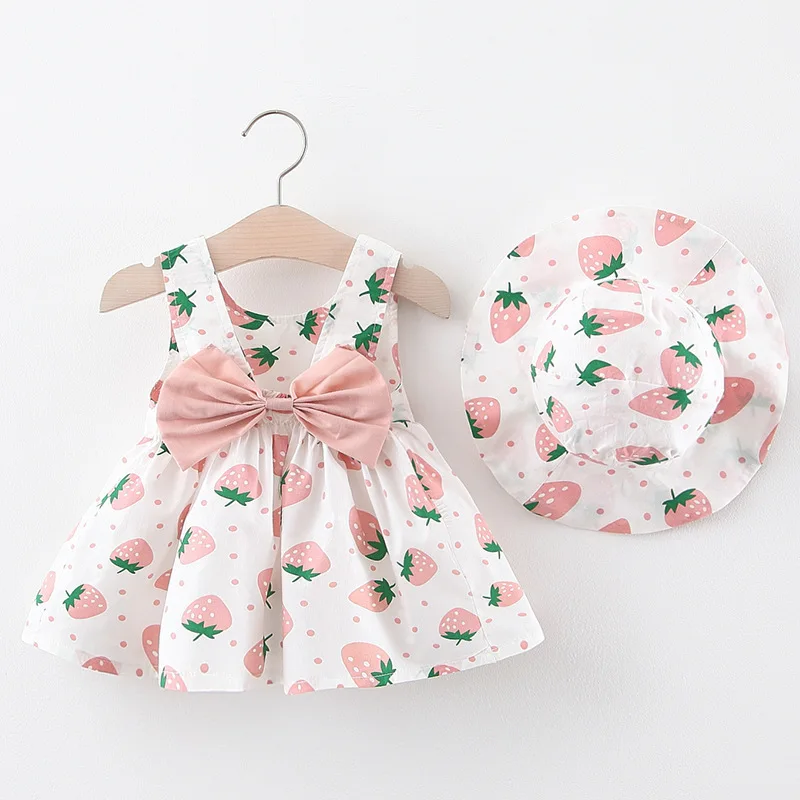 Baby Dress 2025 Summer New Girl's Sweet Bow Dress Children's Strawberry Print Small Fresh Casual Dress+Hat Children's Wear