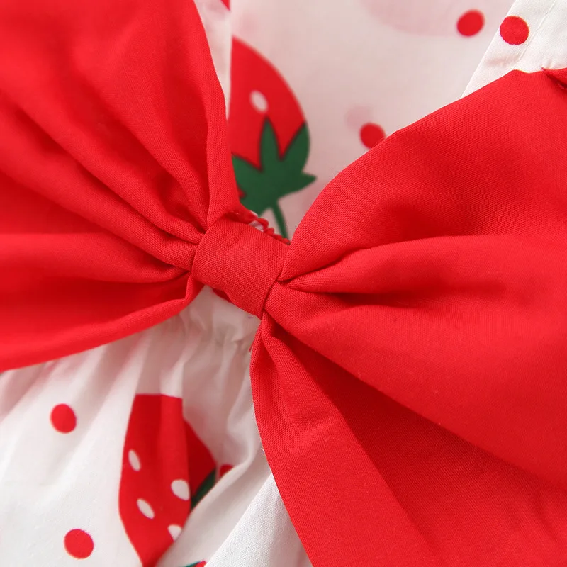 Baby Dress 2025 Summer New Girl's Sweet Bow Dress Children's Strawberry Print Small Fresh Casual Dress+Hat Children's Wear