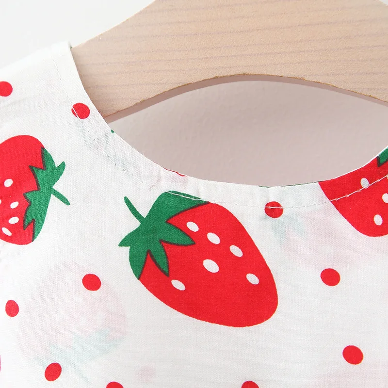 Baby Dress 2025 Summer New Girl's Sweet Bow Dress Children's Strawberry Print Small Fresh Casual Dress+Hat Children's Wear