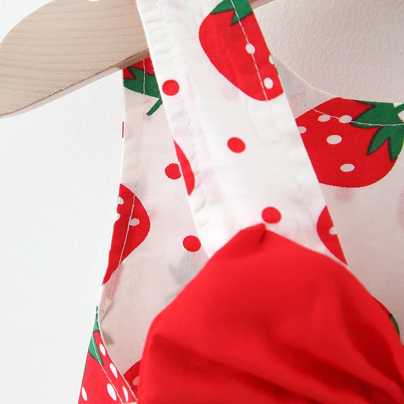 Baby Dress 2025 Summer New Girl's Sweet Bow Dress Children's Strawberry Print Small Fresh Casual Dress+Hat Children's Wear