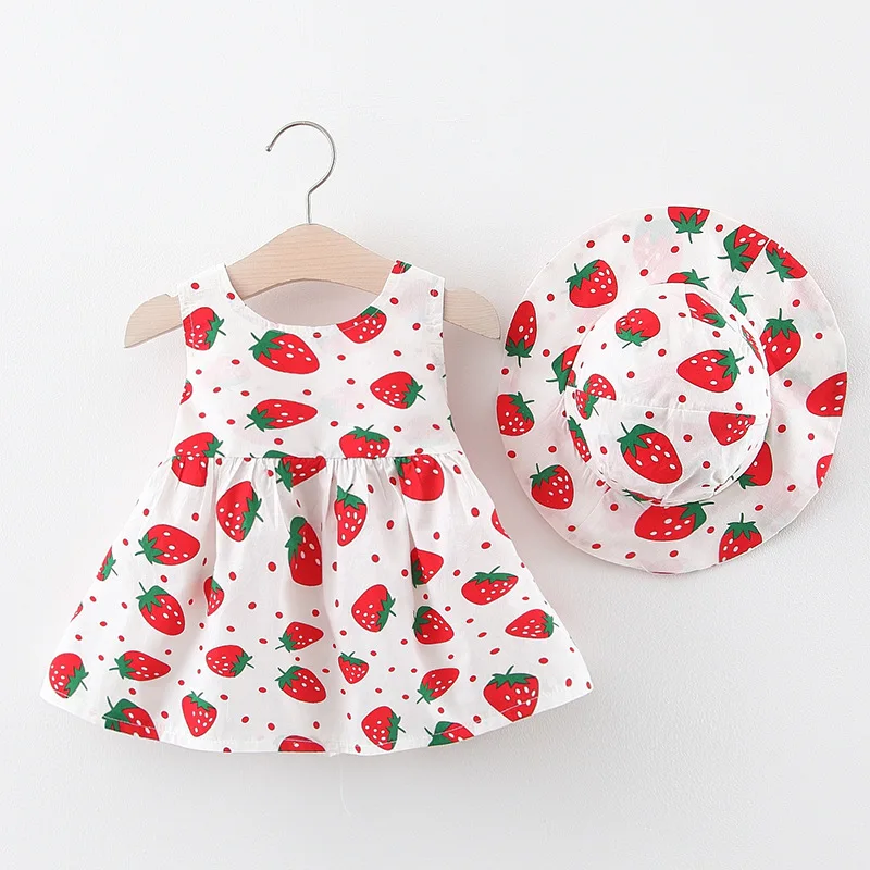 Baby Dress 2025 Summer New Girl's Sweet Bow Dress Children's Strawberry Print Small Fresh Casual Dress+Hat Children's Wear