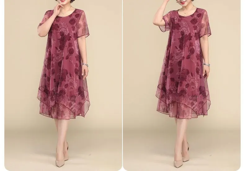 NEW O-Neck Short Sleeve Dresses Vintage Floral Printed Summer Gauze Spliced Women's Clothing Stylish Irregular Loose Midi Dress