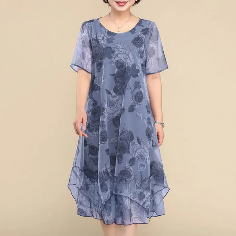 NEW O-Neck Short Sleeve Dresses Vintage Floral Printed Summer Gauze Spliced Women's Clothing Stylish Irregular Loose Midi Dress