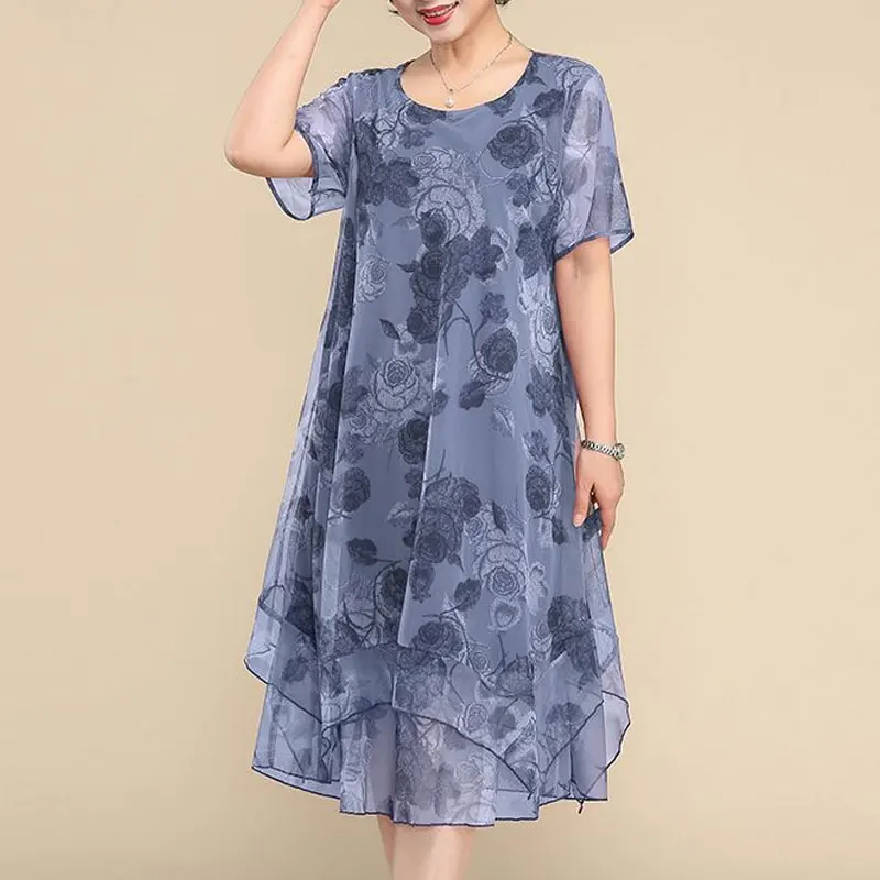 NEW O-Neck Short Sleeve Dresses Vintage Floral Printed Summer Gauze Spliced Women's Clothing Stylish Irregular Loose Midi Dress