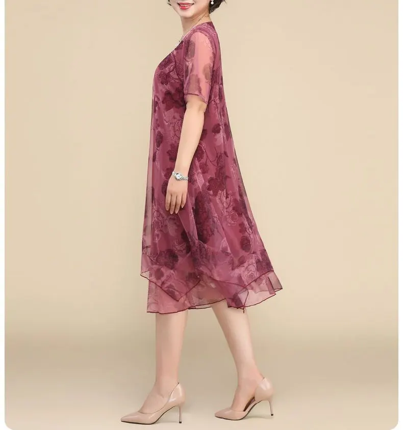 NEW O-Neck Short Sleeve Dresses Vintage Floral Printed Summer Gauze Spliced Women's Clothing Stylish Irregular Loose Midi Dress