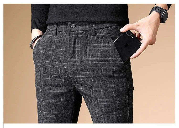 Fashion Black Grey Casual Trouses Mens Straight Fit Long Pants Striped Plaid Four Seasons High Quality Brand Business Trousers