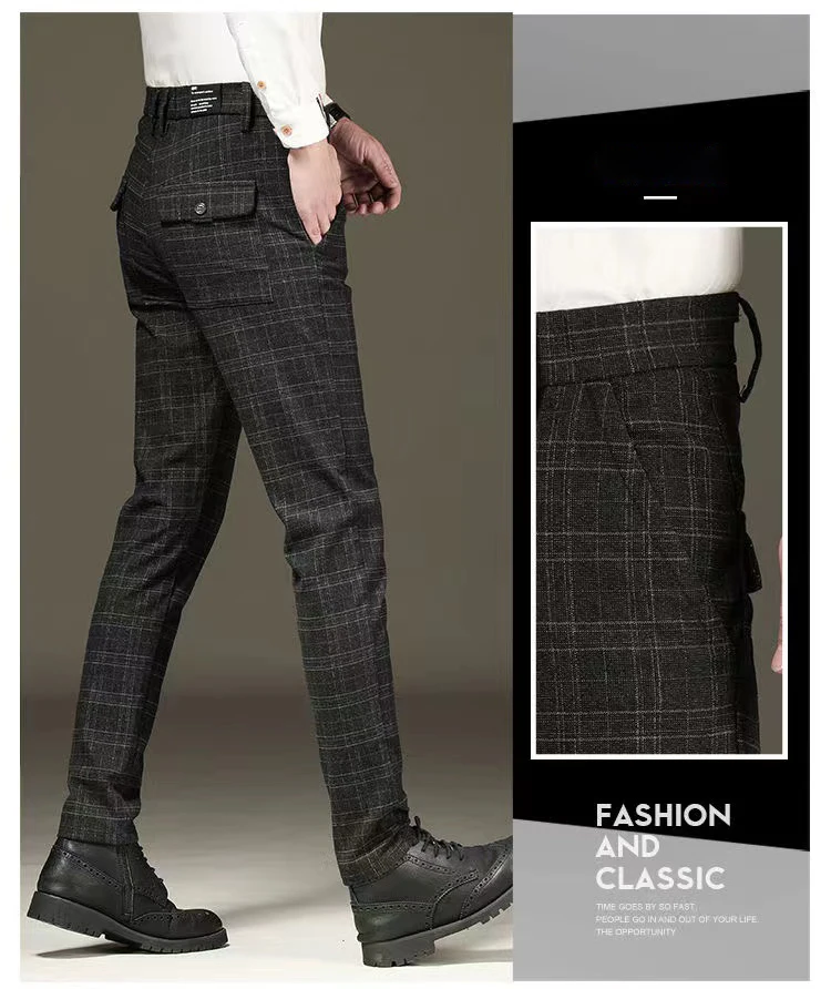 Fashion Black Grey Casual Trouses Mens Straight Fit Long Pants Striped Plaid Four Seasons High Quality Brand Business Trousers