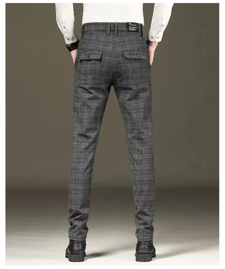 Fashion Black Grey Casual Trouses Mens Straight Fit Long Pants Striped Plaid Four Seasons High Quality Brand Business Trousers