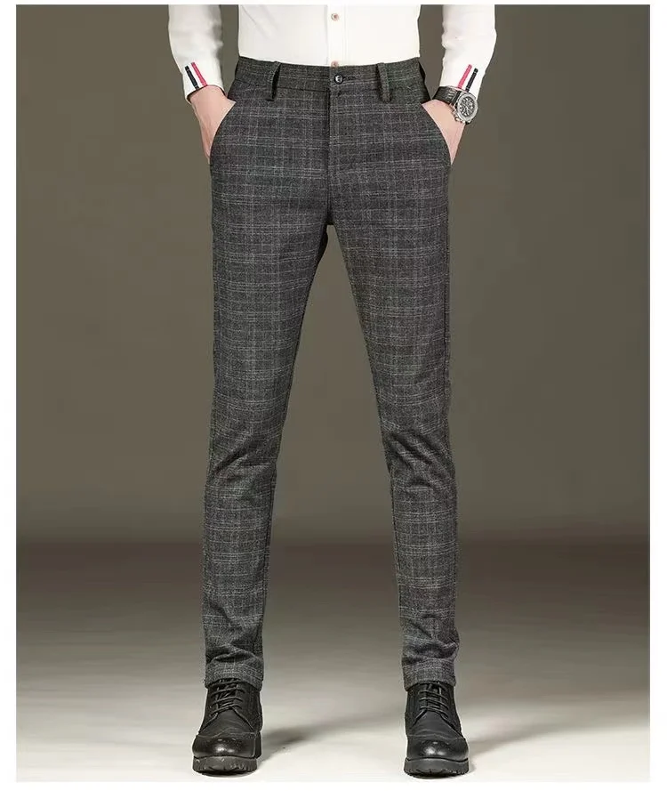 Fashion Black Grey Casual Trouses Mens Straight Fit Long Pants Striped Plaid Four Seasons High Quality Brand Business Trousers