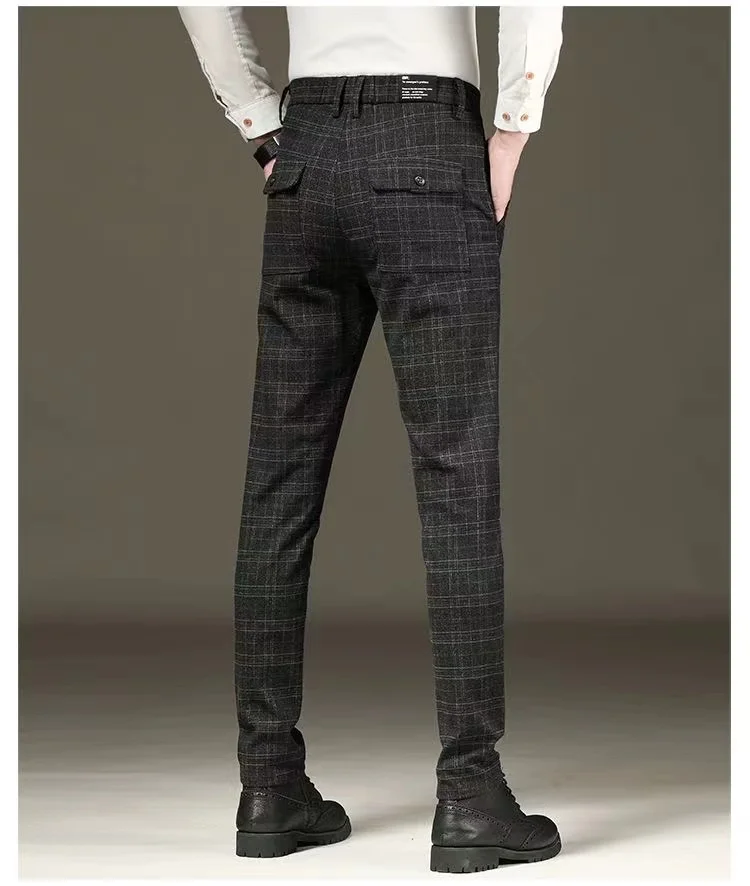 Fashion Black Grey Casual Trouses Mens Straight Fit Long Pants Striped Plaid Four Seasons High Quality Brand Business Trousers