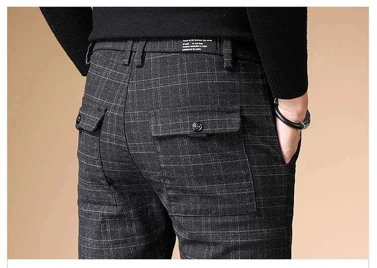 Fashion Black Grey Casual Trouses Mens Straight Fit Long Pants Striped Plaid Four Seasons High Quality Brand Business Trousers