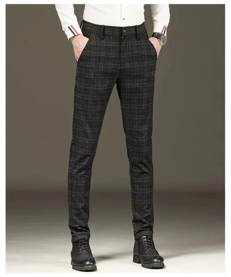 Fashion Black Grey Casual Trouses Mens Straight Fit Long Pants Striped Plaid Four Seasons High Quality Brand Business Trousers