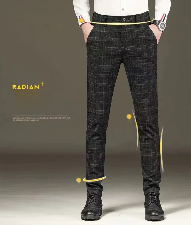 Fashion Black Grey Casual Trouses Mens Straight Fit Long Pants Striped Plaid Four Seasons High Quality Brand Business Trousers