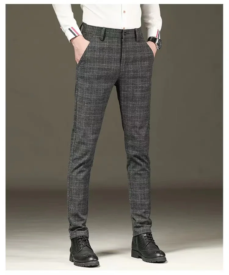 Fashion Black Grey Casual Trouses Mens Straight Fit Long Pants Striped Plaid Four Seasons High Quality Brand Business Trousers