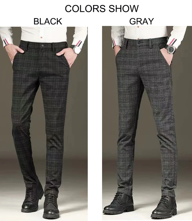 Fashion Black Grey Casual Trouses Mens Straight Fit Long Pants Striped Plaid Four Seasons High Quality Brand Business Trousers