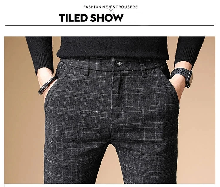 Fashion Black Grey Casual Trouses Mens Straight Fit Long Pants Striped Plaid Four Seasons High Quality Brand Business Trousers