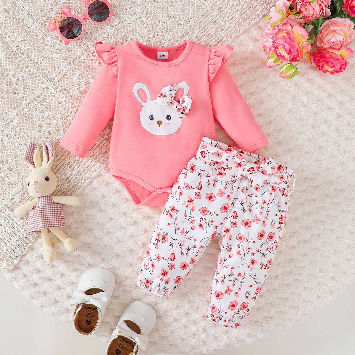 3PCS Baby Girl Clothes Outfits for 0-18 Months Ruffled Sleeve Lovely Rabbit Bodysuit+Flower Shorts+Headband Summer Casual Wear