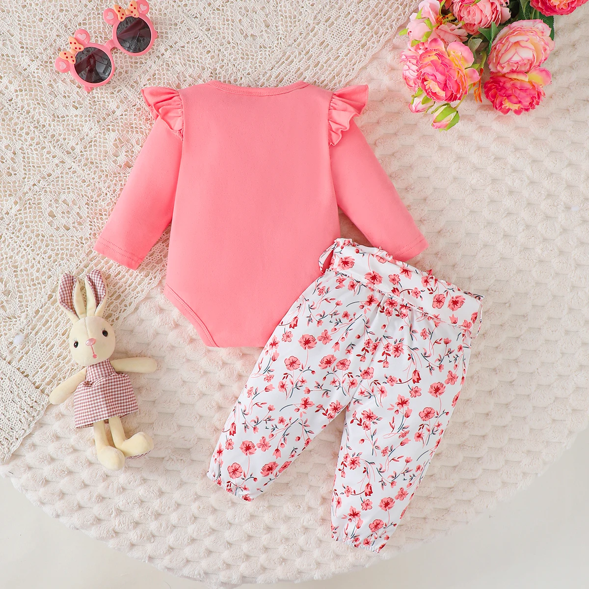 3PCS Baby Girl Clothes Outfits for 0-18 Months Ruffled Sleeve Lovely Rabbit Bodysuit+Flower Shorts+Headband Summer Casual Wear