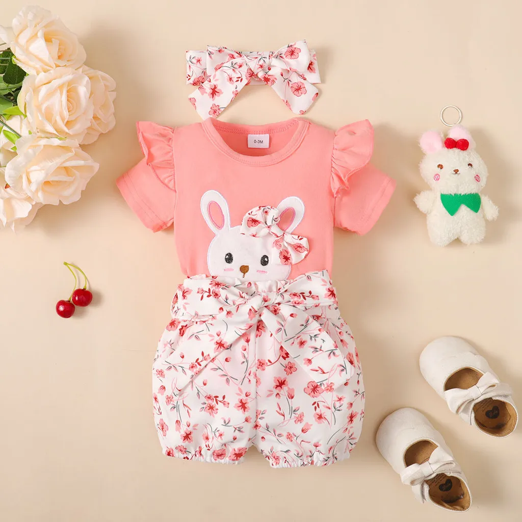 3PCS Baby Girl Clothes Outfits for 0-18 Months Ruffled Sleeve Lovely Rabbit Bodysuit+Flower Shorts+Headband Summer Casual Wear
