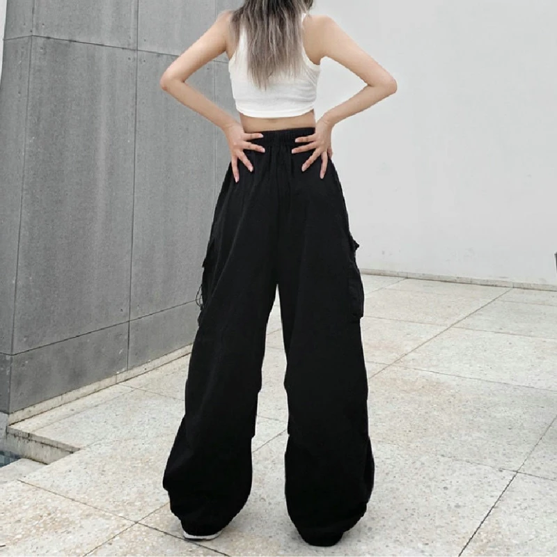 Women Casual Cargo Pant Solid Low Waist Drawstring Big Pockets Wide Leg Baggy Trousers Female Y2K Streetwear Oversize Sweatpants