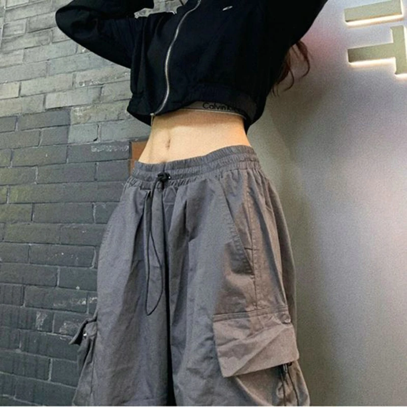 Women Casual Cargo Pant Solid Low Waist Drawstring Big Pockets Wide Leg Baggy Trousers Female Y2K Streetwear Oversize Sweatpants