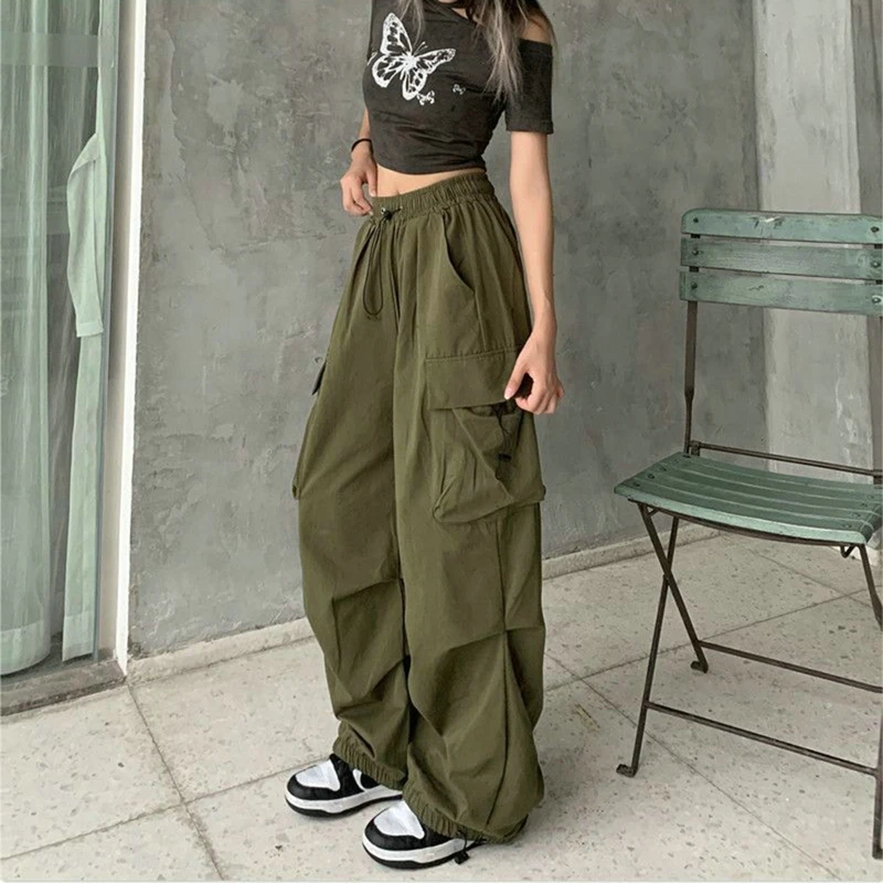 Women Casual Cargo Pant Solid Low Waist Drawstring Big Pockets Wide Leg Baggy Trousers Female Y2K Streetwear Oversize Sweatpants