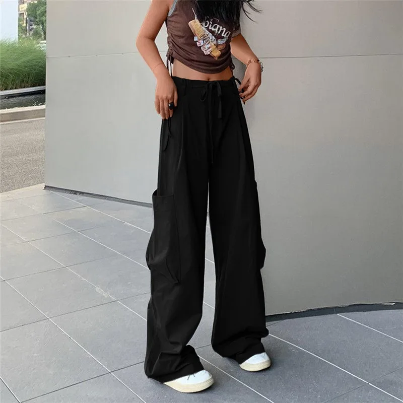 Women Casual Cargo Pant Solid Low Waist Drawstring Big Pockets Wide Leg Baggy Trousers Female Y2K Streetwear Oversize Sweatpants