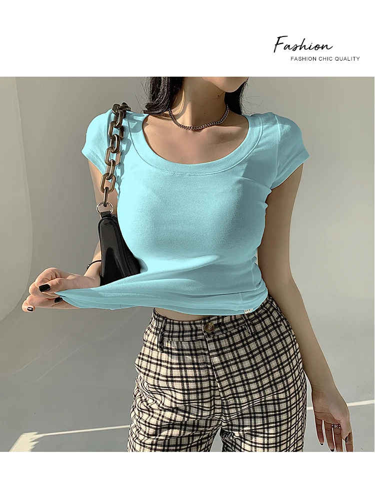 AOSSVIAO 100% Cotton T Shirt Women 2026 Summer New Slim Solid Basic Tees 16 Color Casual Tshirt Korean O Neck Tops
