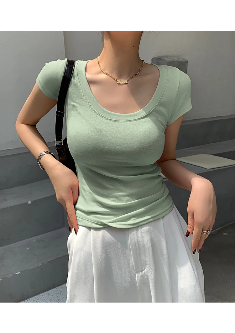 AOSSVIAO 100% Cotton T Shirt Women 2026 Summer New Slim Solid Basic Tees 16 Color Casual Tshirt Korean O Neck Tops